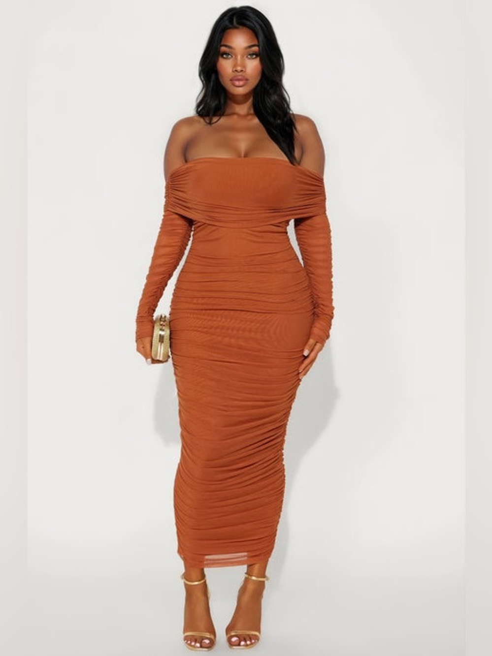 Fashion Nova Off-Shoulder Ruched Midi Dress in Rust